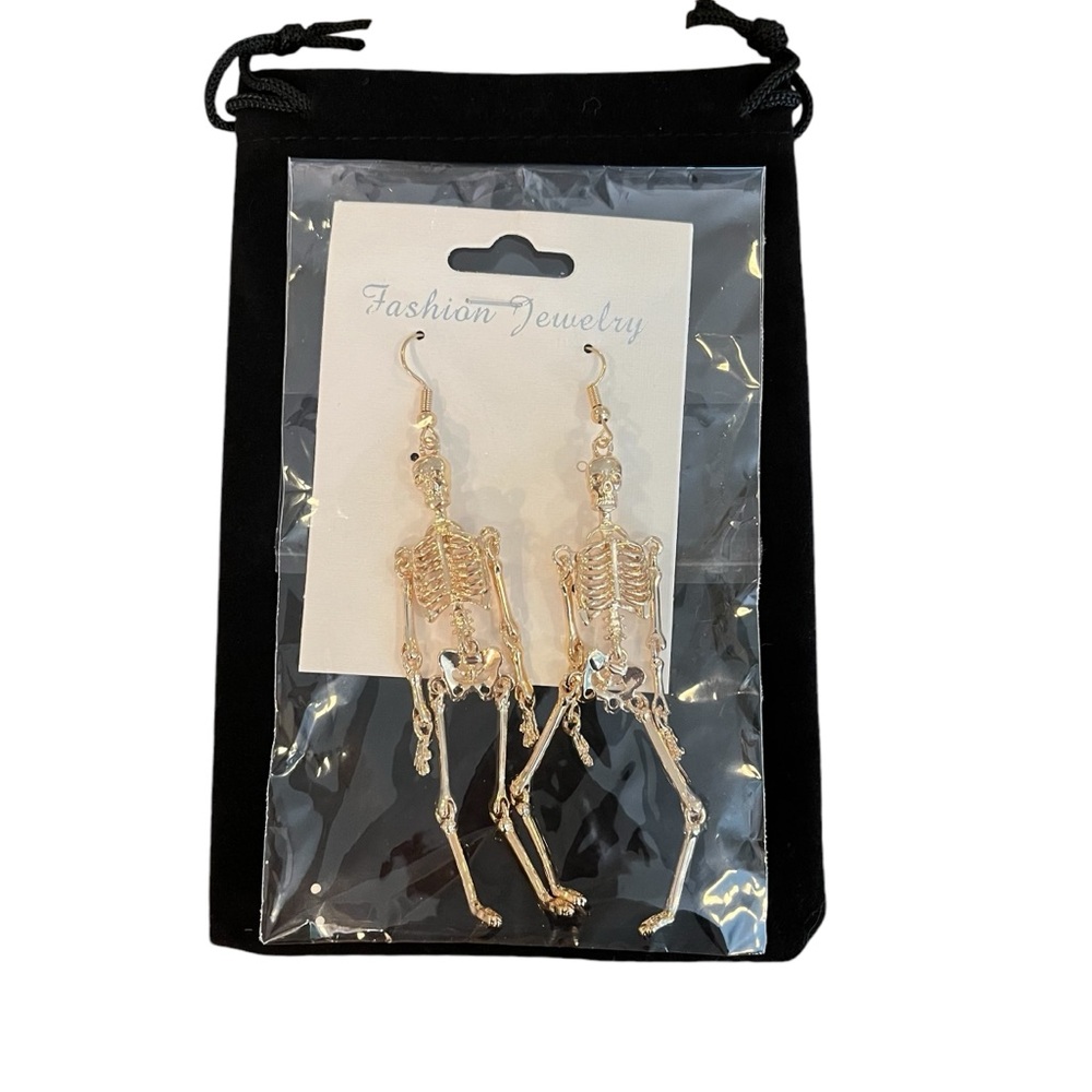 Gold skeleton four inch dangle earrings french wire alloy - Picture 6 of 6